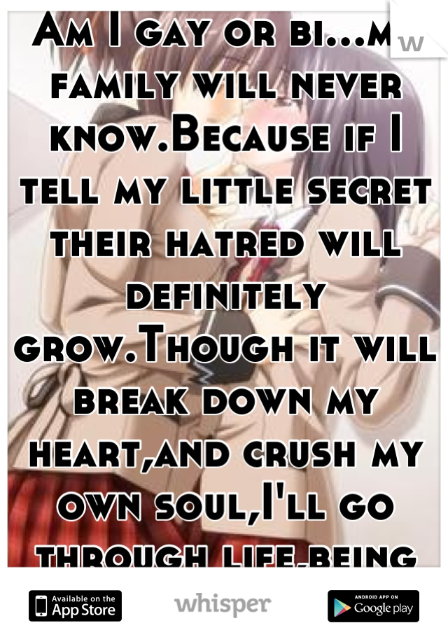 Am I gay or bi…my family will never know.Because if I tell my little secret their hatred will definitely grow.Though it will break down my heart,and crush my own soul,I'll go through life,being hetero…