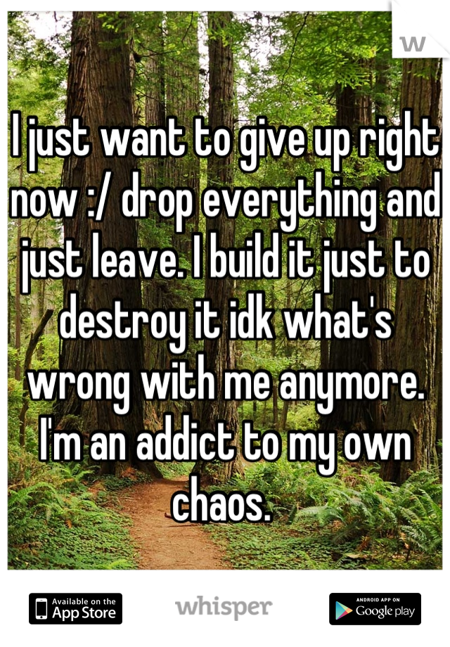 I just want to give up right now :/ drop everything and just leave. I build it just to destroy it idk what's wrong with me anymore. I'm an addict to my own chaos. 