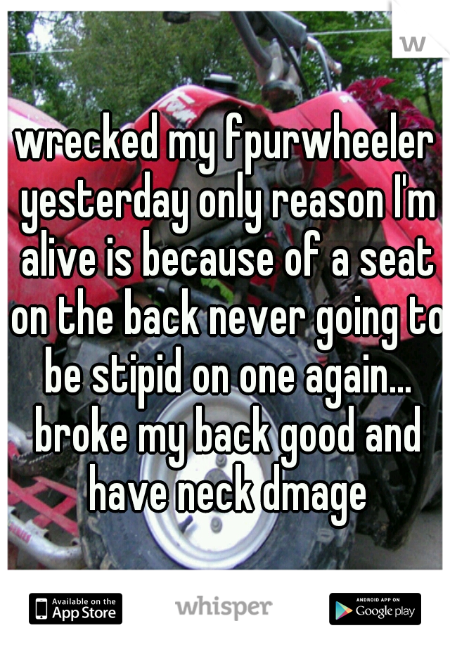 wrecked my fpurwheeler yesterday only reason I'm alive is because of a seat on the back never going to be stipid on one again... broke my back good and have neck dmage