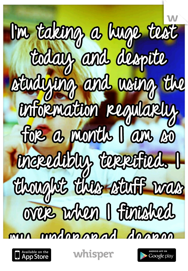 I'm taking a huge test today and despite studying and using the information regularly for a month I am so incredibly terrified. I thought this stuff was over when I finished my undergrad degree. 