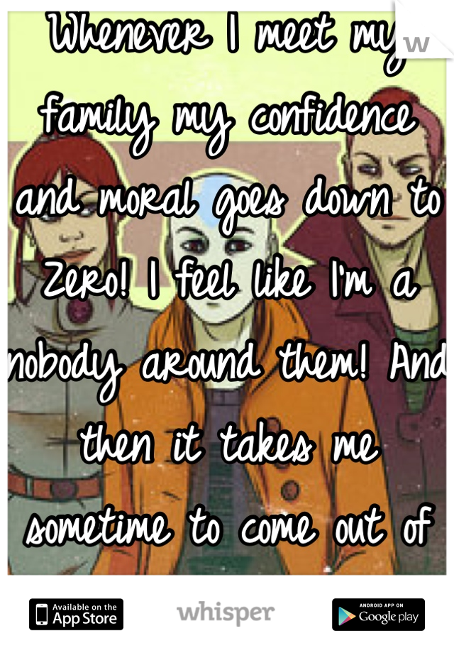 Whenever I meet my family my confidence and moral goes down to Zero! I feel like I'm a nobody around them! And then it takes me sometime to come out of it! 