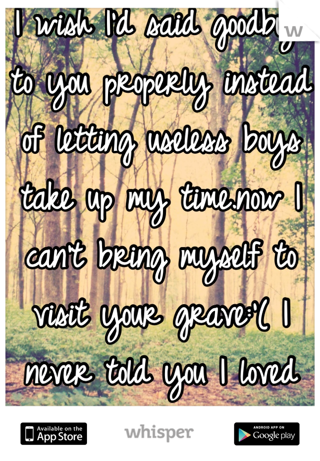 I wish I'd said goodbye to you properly instead of letting useless boys take up my time.now I can't bring myself to visit your grave:'( I never told you I loved you but I do dearly