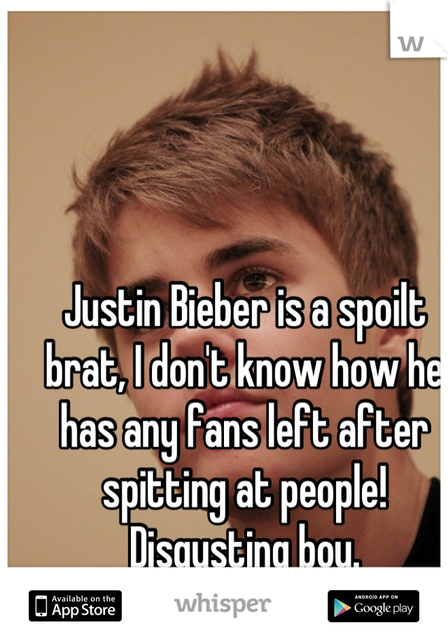 Justin Bieber is a spoilt brat, I don't know how he has any fans left after spitting at people! Disgusting boy.