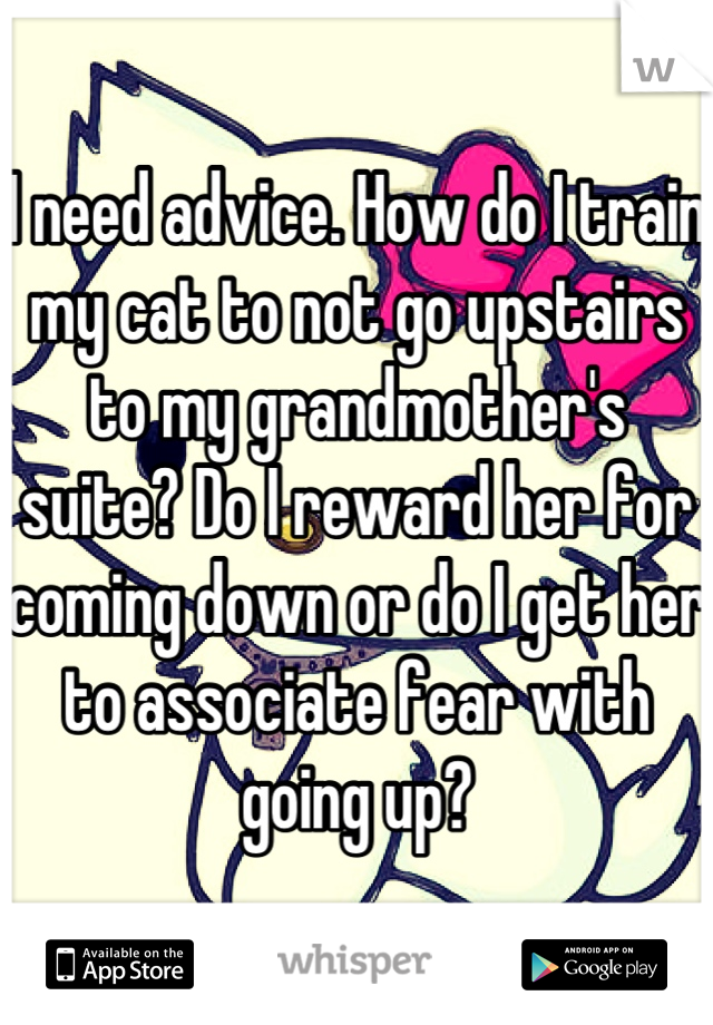 I need advice. How do I train my cat to not go upstairs to my grandmother's suite? Do I reward her for coming down or do I get her to associate fear with going up?