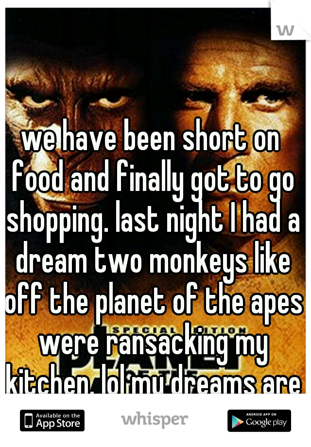 we have been short on food and finally got to go shopping. last night I had a dream two monkeys like off the planet of the apes were ransacking my kitchen. lol my dreams are embarrassing.