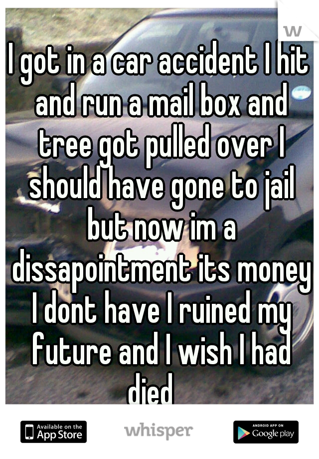 I got in a car accident I hit and run a mail box and tree got pulled over I should have gone to jail but now im a dissapointment its money I dont have I ruined my future and I wish I had died 
