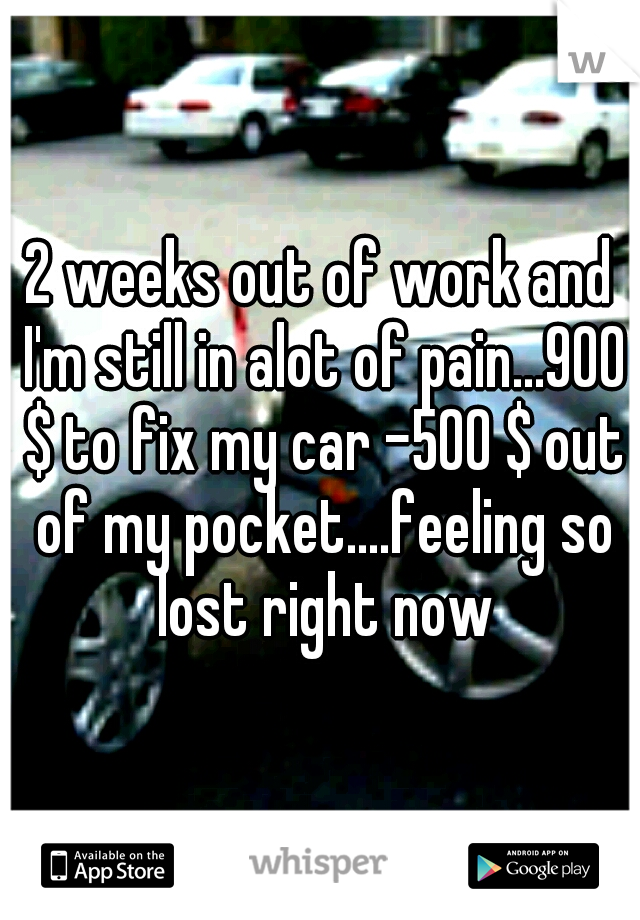 2 weeks out of work and I'm still in alot of pain...900 $ to fix my car -500 $ out of my pocket....feeling so lost right now