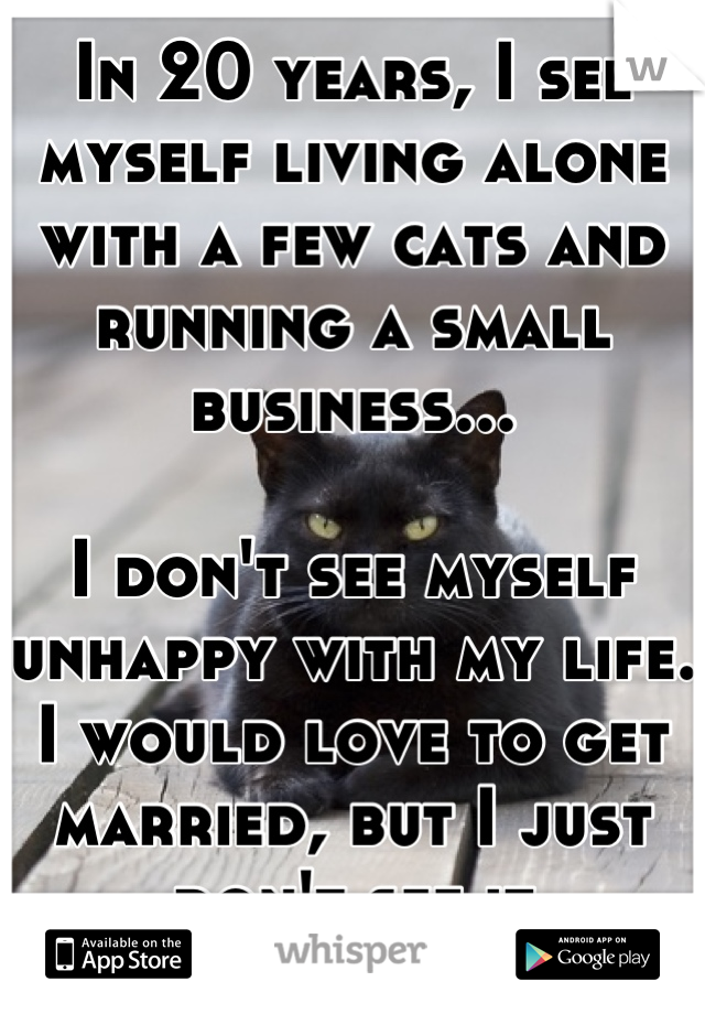 In 20 years, I see myself living alone with a few cats and running a small business...

I don't see myself unhappy with my life. I would love to get married, but I just don't see it happening