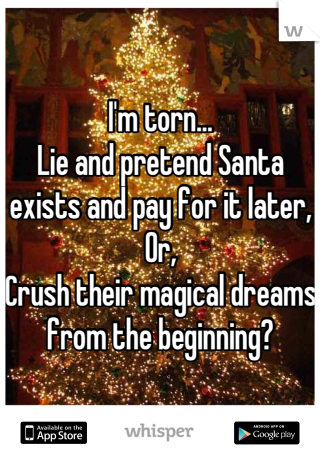 I'm torn...
Lie and pretend Santa exists and pay for it later,
Or,
Crush their magical dreams from the beginning?