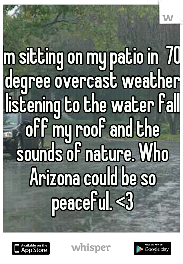 Im sitting on my patio in  70 degree overcast weather listening to the water fall off my roof and the sounds of nature. Who Arizona could be so peaceful. <3