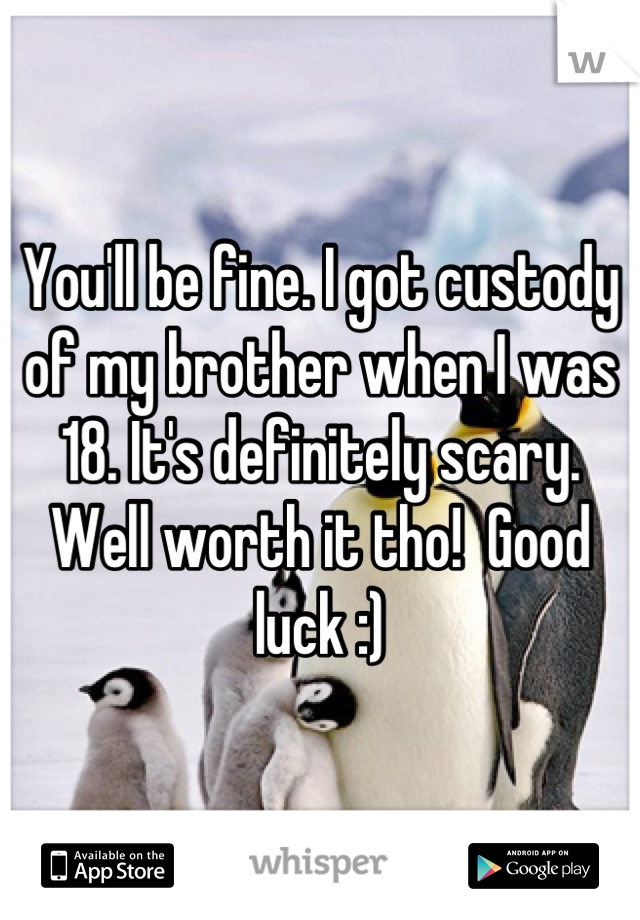 You'll be fine. I got custody of my brother when I was 18. It's definitely scary. Well worth it tho!  Good luck :)