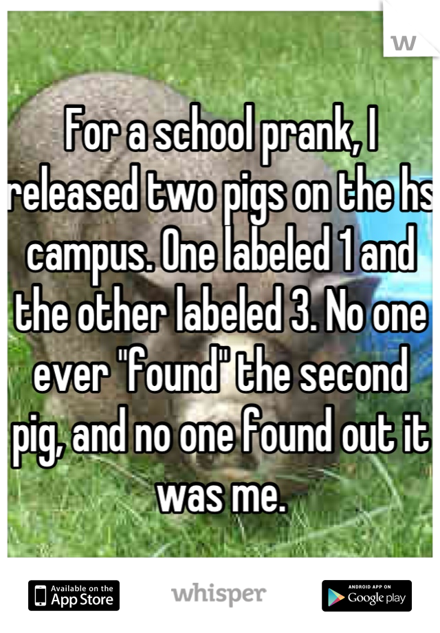 For a school prank, I released two pigs on the hs campus. One labeled 1 and the other labeled 3. No one ever "found" the second pig, and no one found out it was me.