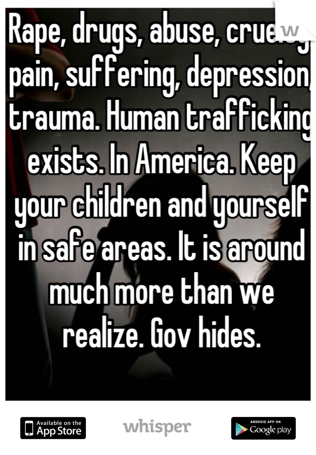 Rape, drugs, abuse, cruelty, pain, suffering, depression, trauma. Human trafficking exists. In America. Keep your children and yourself in safe areas. It is around much more than we realize. Gov hides.