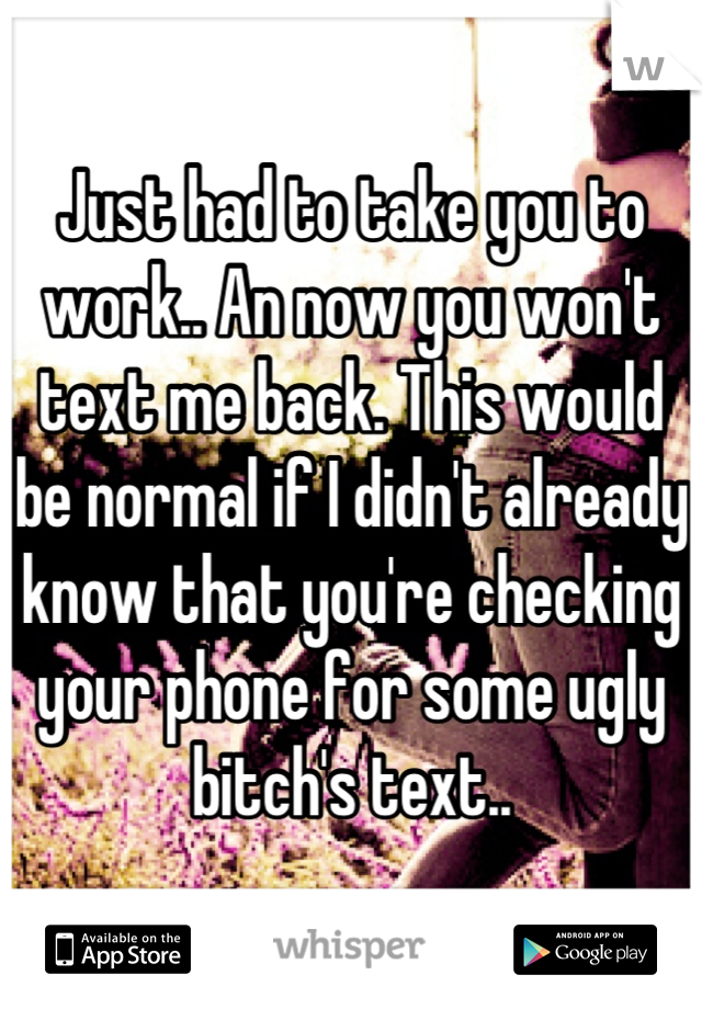 Just had to take you to work.. An now you won't text me back. This would be normal if I didn't already know that you're checking your phone for some ugly bitch's text..