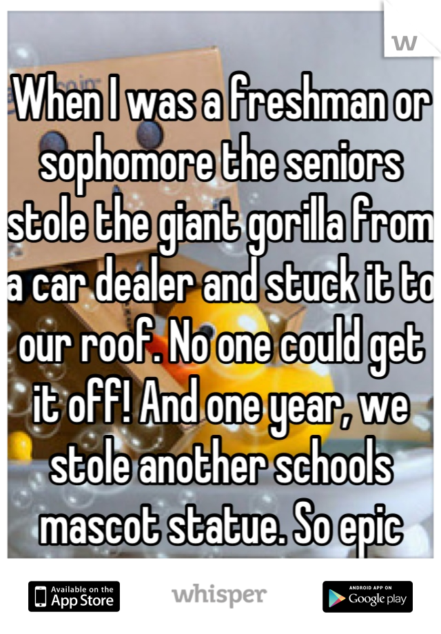 When I was a freshman or sophomore the seniors stole the giant gorilla from a car dealer and stuck it to our roof. No one could get it off! And one year, we stole another schools mascot statue. So epic