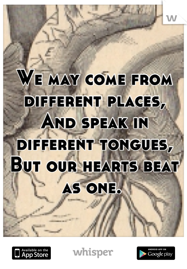 We may come from different places,
And speak in different tongues,
But our hearts beat as one. 