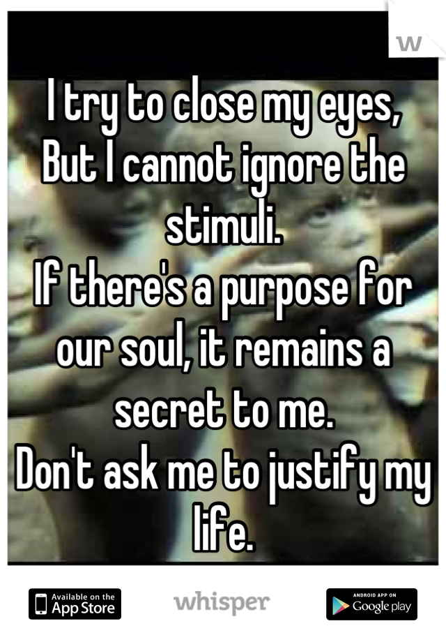 I try to close my eyes,
But I cannot ignore the stimuli.
If there's a purpose for our soul, it remains a secret to me.
Don't ask me to justify my life.