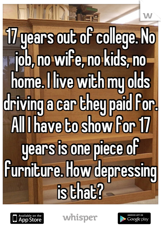 17 years out of college. No job, no wife, no kids, no home. I live with my olds driving a car they paid for. All I have to show for 17 years is one piece of furniture. How depressing is that?