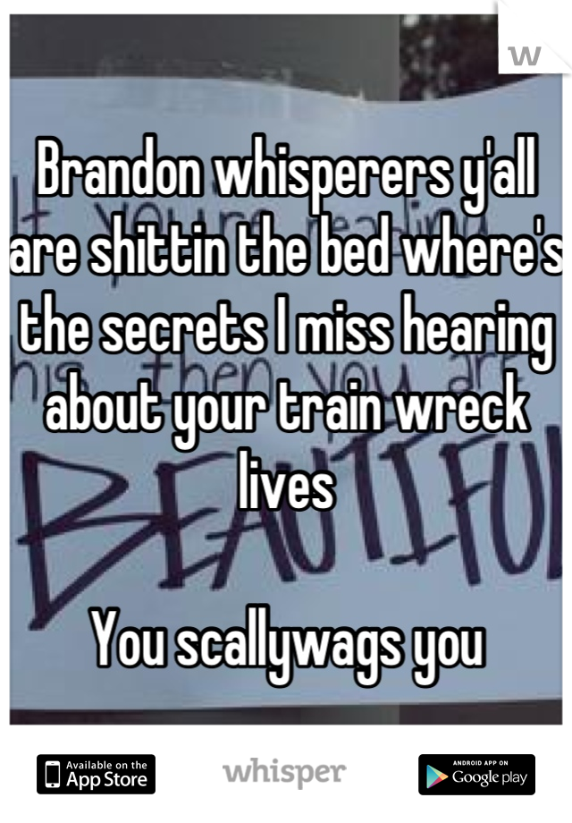 Brandon whisperers y'all are shittin the bed where's the secrets I miss hearing about your train wreck lives 

You scallywags you