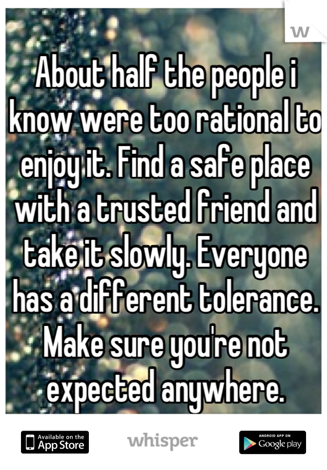 About half the people i know were too rational to enjoy it. Find a safe place with a trusted friend and take it slowly. Everyone has a different tolerance. Make sure you're not expected anywhere.