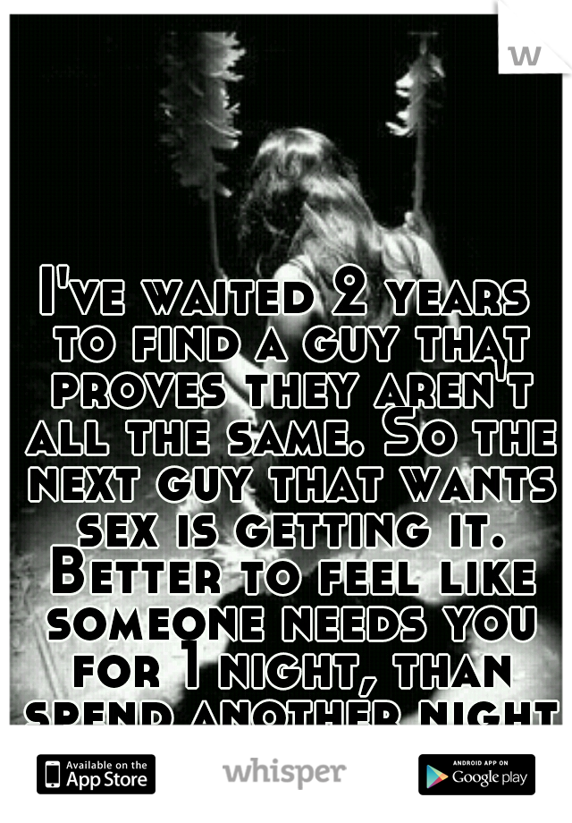 I've waited 2 years to find a guy that proves they aren't all the same. So the next guy that wants sex is getting it. Better to feel like someone needs you for 1 night, than spend another night alone.