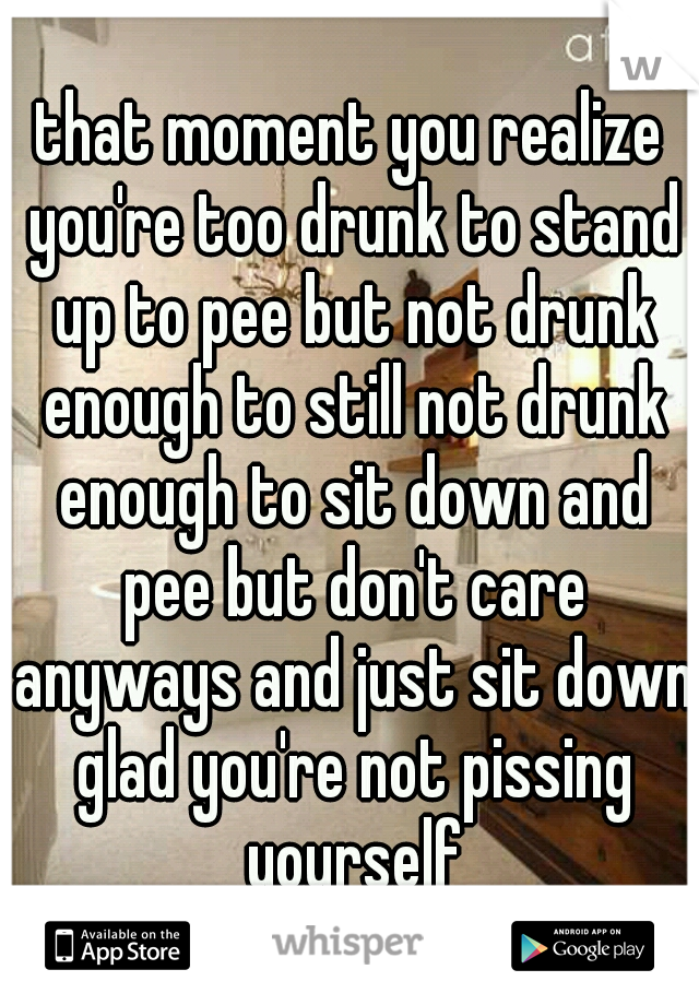 that moment you realize you're too drunk to stand up to pee but not drunk enough to still not drunk enough to sit down and pee but don't care anyways and just sit down glad you're not pissing yourself