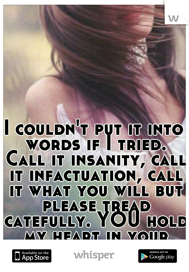 I couldn't put it into words if I tried. Call it insanity, call it infactuation, call it what you will but please tread catefully. YOU hold my heart in your hands.