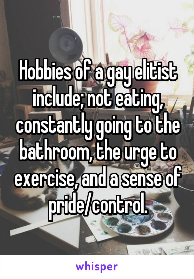 Hobbies of a gay elitist include; not eating, constantly going to the bathroom, the urge to exercise, and a sense of pride/control.