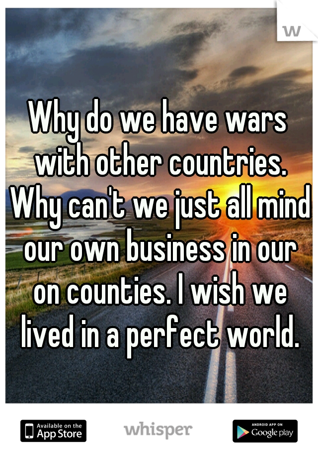 Why do we have wars with other countries. Why can't we just all mind our own business in our on counties. I wish we lived in a perfect world.