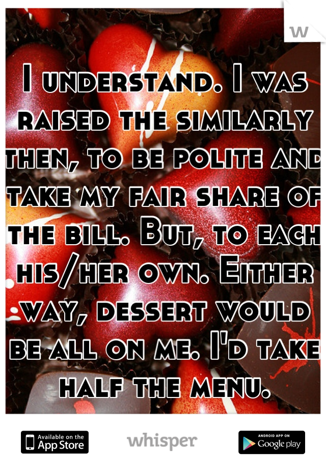 I understand. I was raised the similarly then, to be polite and take my fair share of the bill. But, to each his/her own. Either way, dessert would be all on me. I'd take half the menu.