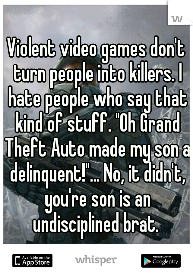 Violent video games don't turn people into killers. I hate people who say that kind of stuff. "Oh Grand Theft Auto made my son a delinquent!"... No, it didn't, you're son is an undisciplined brat. 