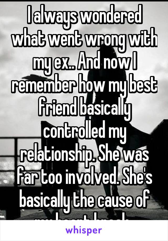 I always wondered what went wrong with my ex.. And now I remember how my best friend basically controlled my relationship. She was far too involved. She's basically the cause of my heart break. 