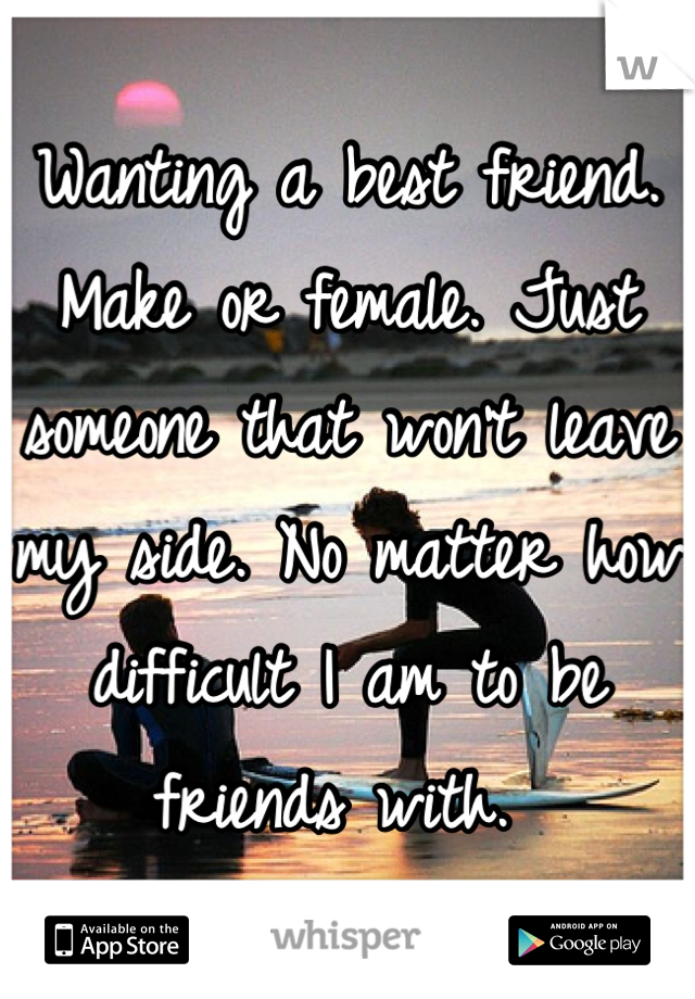 Wanting a best friend. Make or female. Just someone that won't leave my side. No matter how difficult I am to be friends with. 