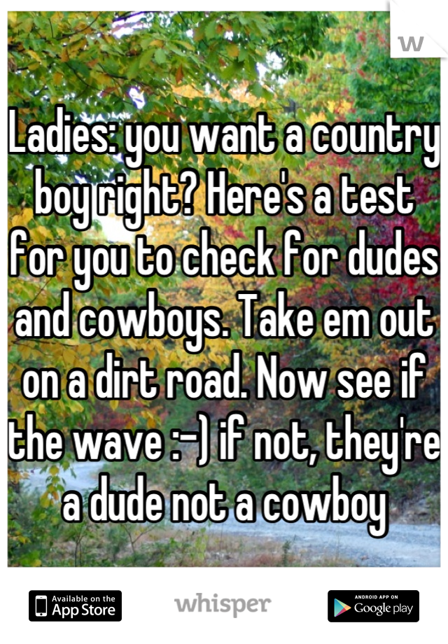 Ladies: you want a country boy right? Here's a test for you to check for dudes and cowboys. Take em out on a dirt road. Now see if the wave :-) if not, they're a dude not a cowboy