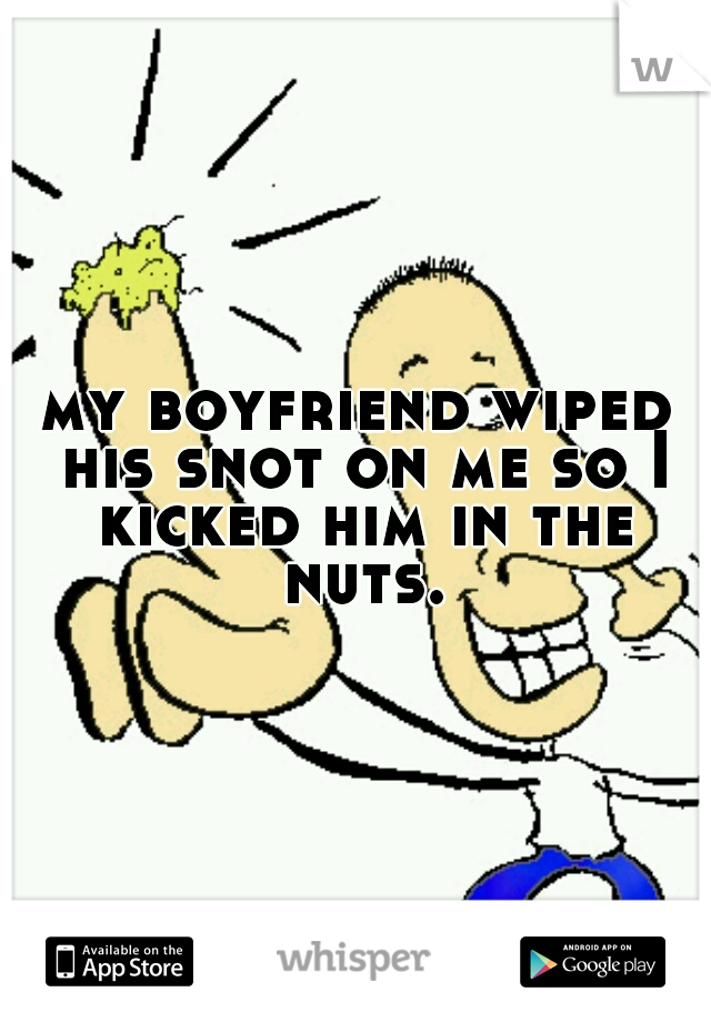 my boyfriend wiped his snot on me so I kicked him in the nuts.