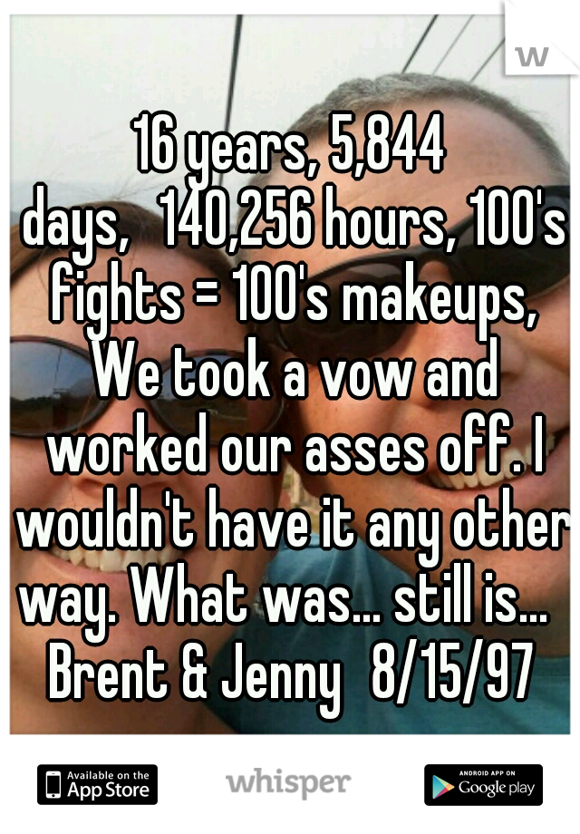 16 years, 5,844 days,
140,256 hours, 100's fights = 100's makeups, We took a vow and worked our asses off. I wouldn't have it any other way. What was... still is...     Brent & Jenny
8/15/97
