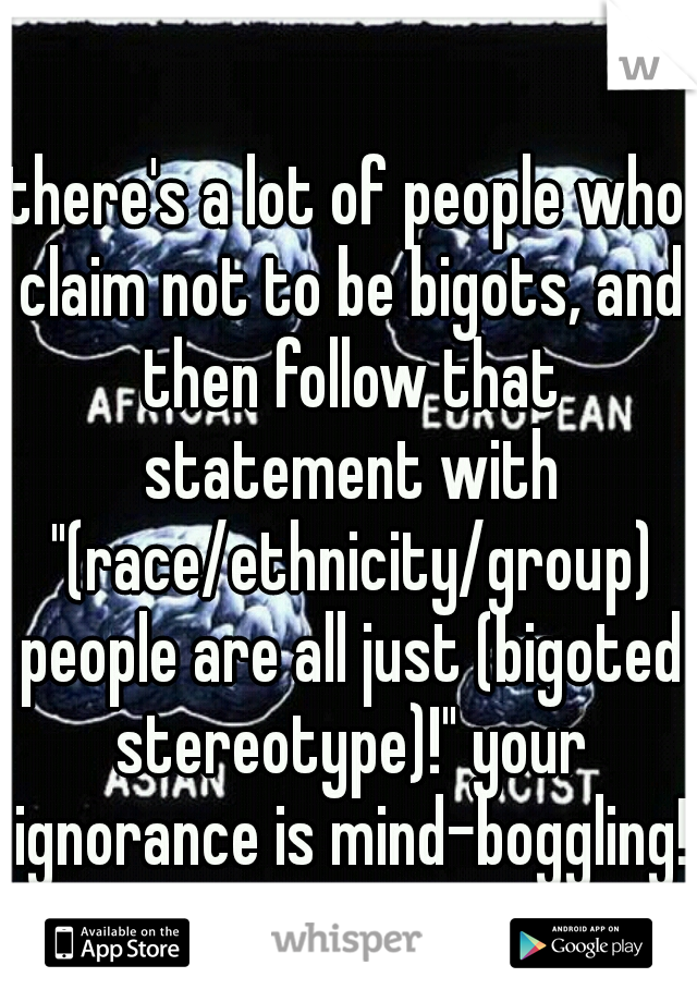 there's a lot of people who claim not to be bigots, and then follow that statement with "(race/ethnicity/group) people are all just (bigoted stereotype)!" your ignorance is mind-boggling!