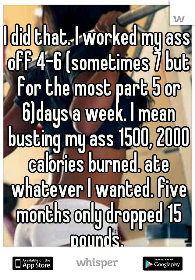 I did that. I worked my ass off 4-6 (sometimes 7 but for the most part 5 or 6)days a week. I mean busting my ass 1500, 2000 calories burned. ate whatever I wanted. five months only dropped 15 pounds. 