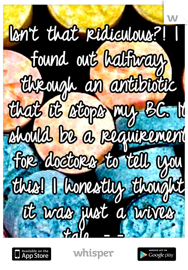 Isn't that ridiculous?! I found out halfway through an antibiotic that it stops my BC. It should be a requirement for doctors to tell you this! I honestly thought it was just a wives tale. -_- 