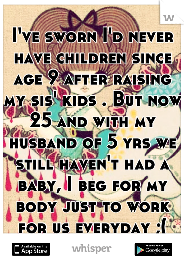 I've sworn I'd never have children since age 9 after raising my sis' kids . But now 25 and with my husband of 5 yrs we still haven't had a baby, I beg for my body just to work for us everyday ;(
