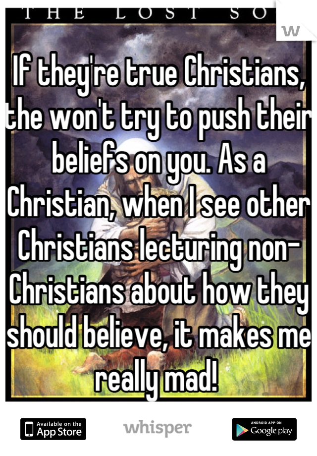 If they're true Christians, the won't try to push their beliefs on you. As a Christian, when I see other Christians lecturing non-Christians about how they should believe, it makes me really mad! 