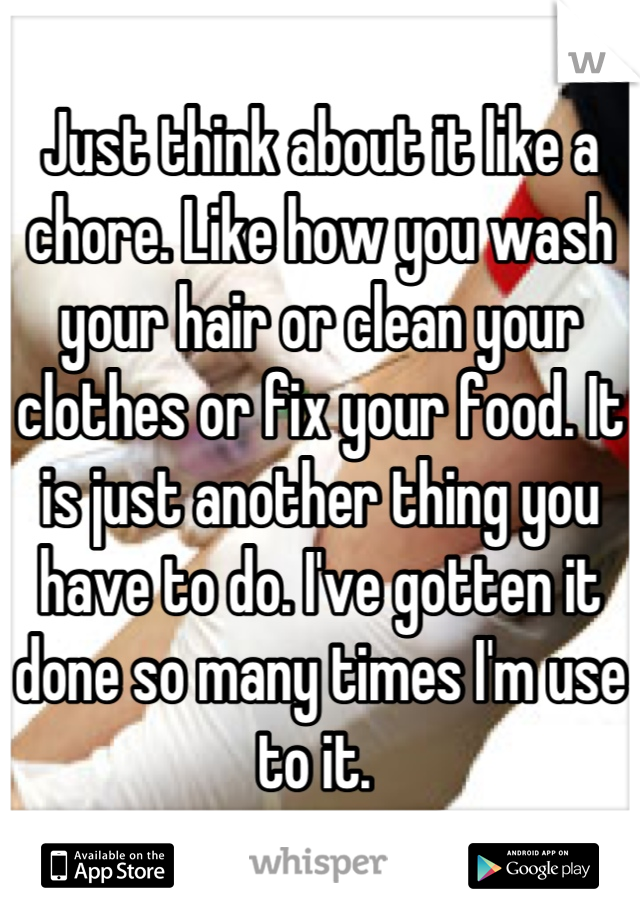 Just think about it like a chore. Like how you wash your hair or clean your clothes or fix your food. It is just another thing you have to do. I've gotten it done so many times I'm use to it. 
