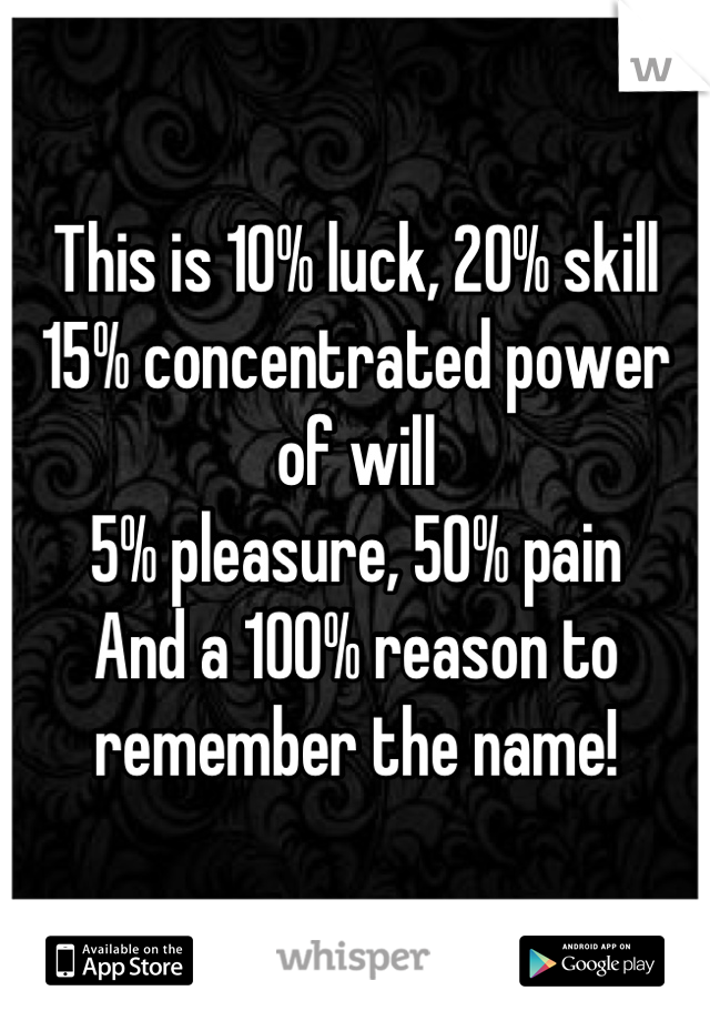 This is 10% luck, 20% skill
15% concentrated power of will
5% pleasure, 50% pain
And a 100% reason to remember the name!