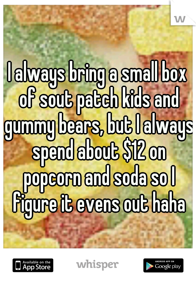 I always bring a small box of sout patch kids and gummy bears, but I always spend about $12 on popcorn and soda so I figure it evens out haha