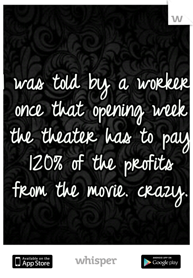 I was told by a worker once that opening week the theater has to pay 120% of the profits from the movie. crazy.