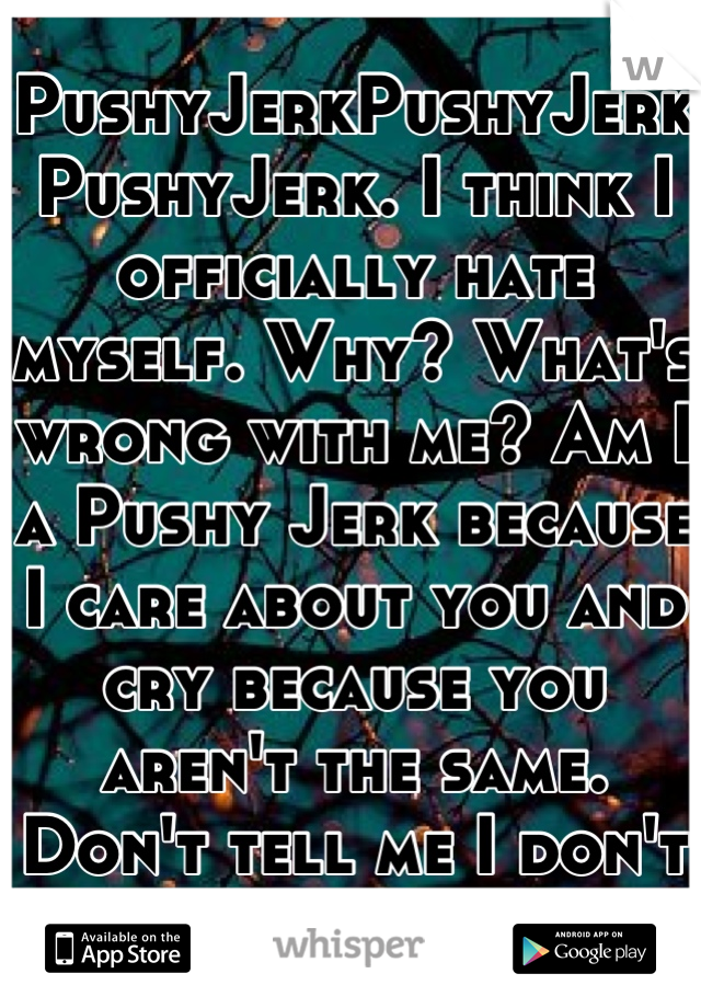 PushyJerkPushyJerkPushyJerk. I think I officially hate myself. Why? What's wrong with me? Am I a Pushy Jerk because I care about you and cry because you aren't the same. Don't tell me I don't understand