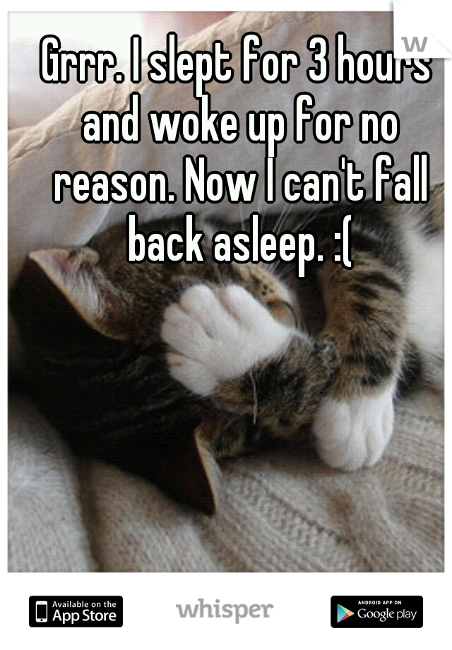 Grrr. I slept for 3 hours and woke up for no reason. Now I can't fall back asleep. :(