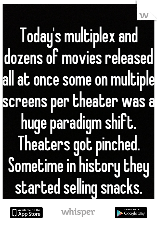 Today's multiplex and dozens of movies released all at once some on multiple screens per theater was a huge paradigm shift. Theaters got pinched. Sometime in history they started selling snacks.