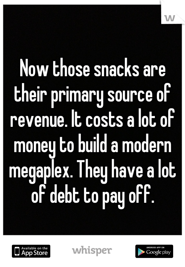 Now those snacks are their primary source of revenue. It costs a lot of money to build a modern megaplex. They have a lot of debt to pay off.