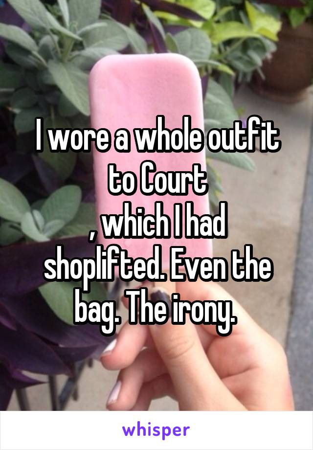 I wore a whole outfit to Court
, which I had shoplifted. Even the bag. The irony. 